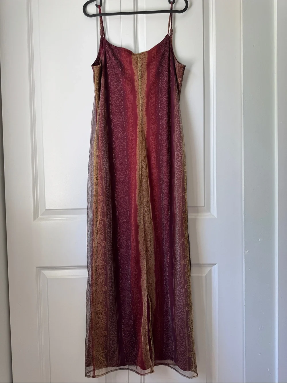 Vintage Y2K Boho Maxi Slip Dress Burgundy Gold Damask Scroll Stripe Mesh Size M - Picture 3 of 12
